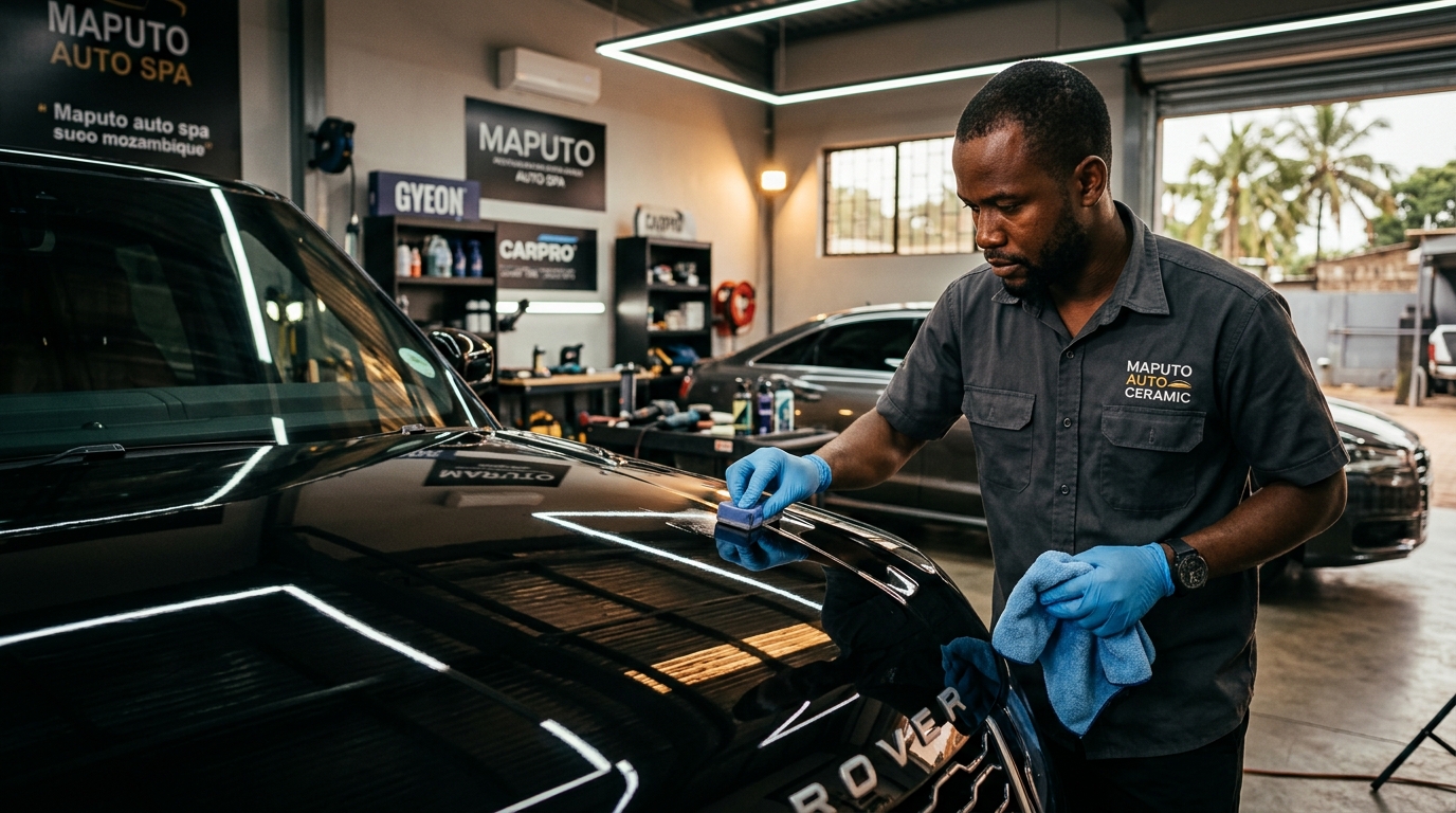 Car detailer applying coating SUV