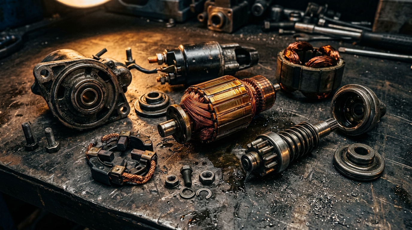 Disassembled car starter motor c…