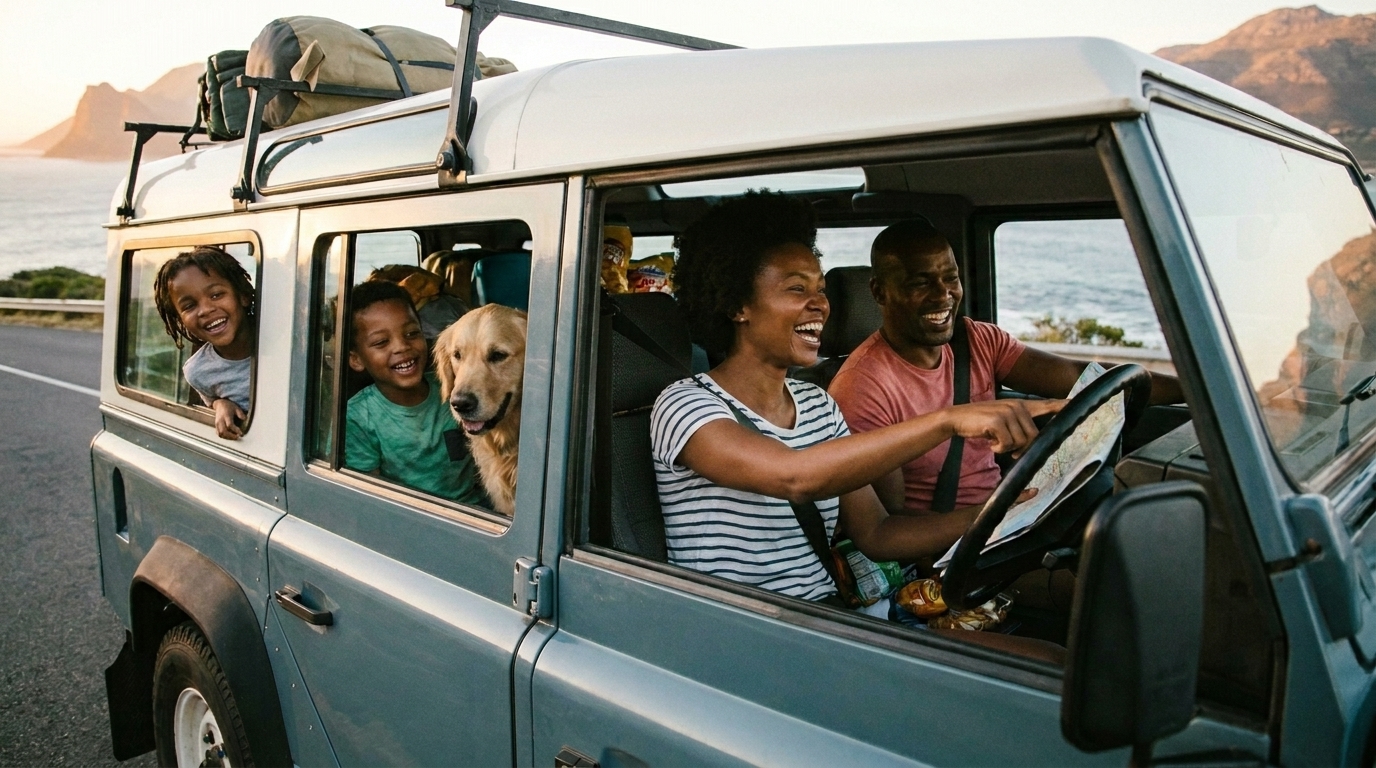 Family traveling happily in car