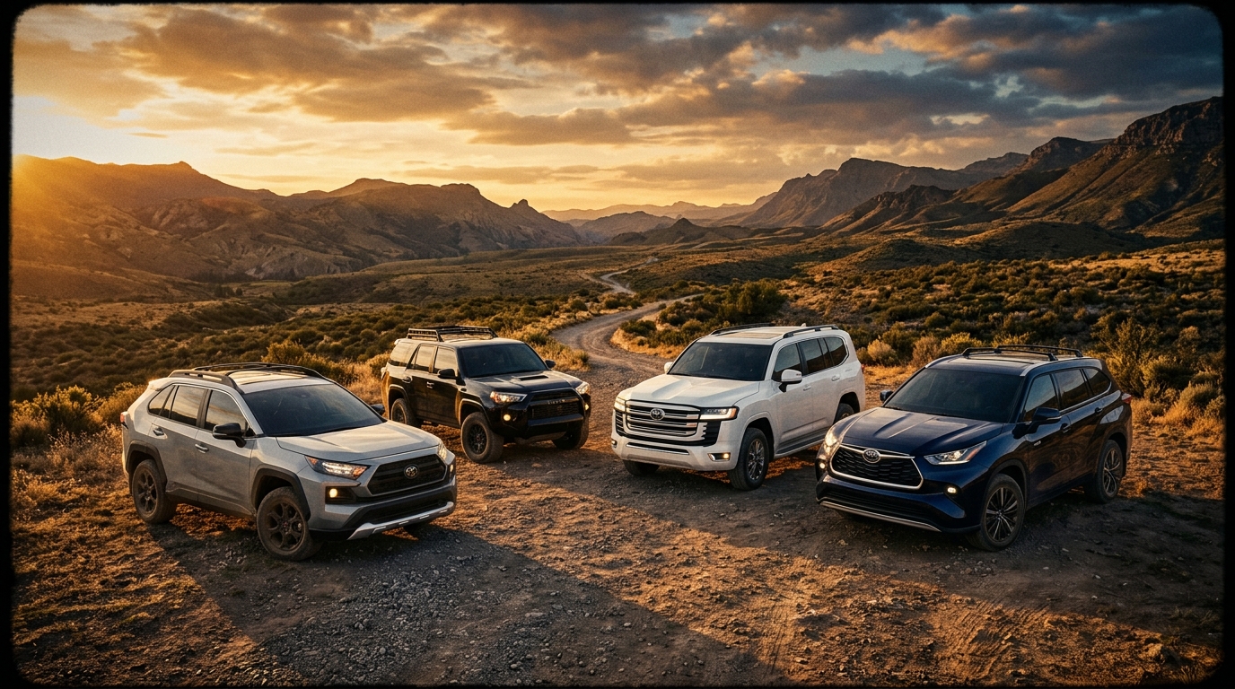 Four Toyota SUVs open landscape