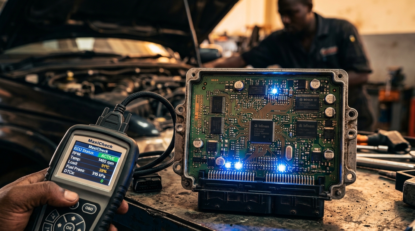 Macro photograph car ECU diagnostic