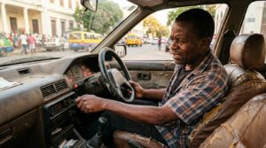 Man turning car ignition worried