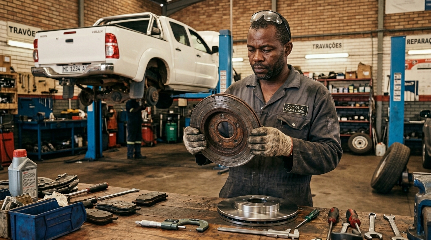 Mechanic comparing brake discs w…
