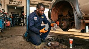 Mechanic comparing brake pads wo…
