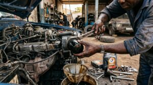 Mechanic hands changing engine oil