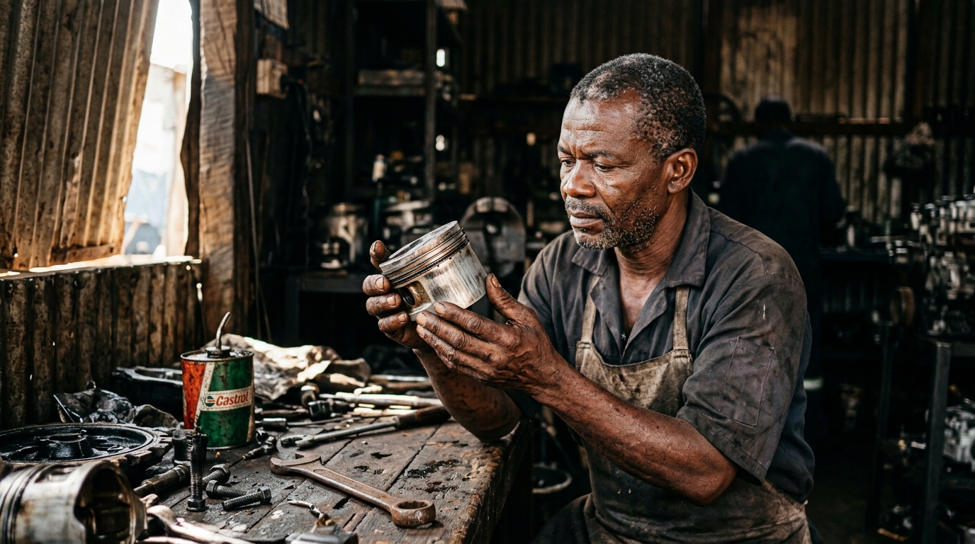 Mechanic holding engine piston w…