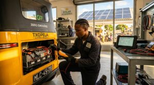 Mechanic inspecting electric tuk…