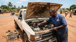 Mechanic opening car hood