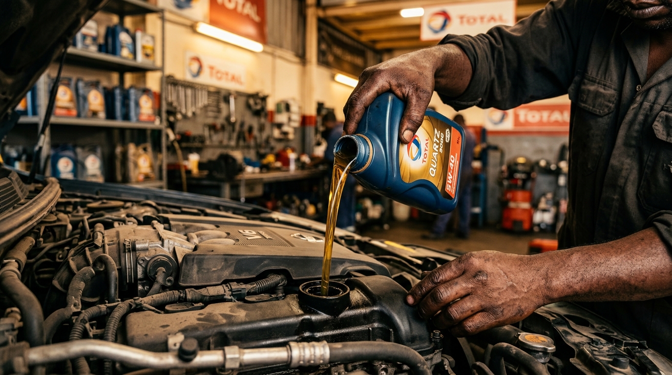 Mechanic pouring motor oil engine