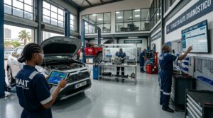 Mechanics working in workshop