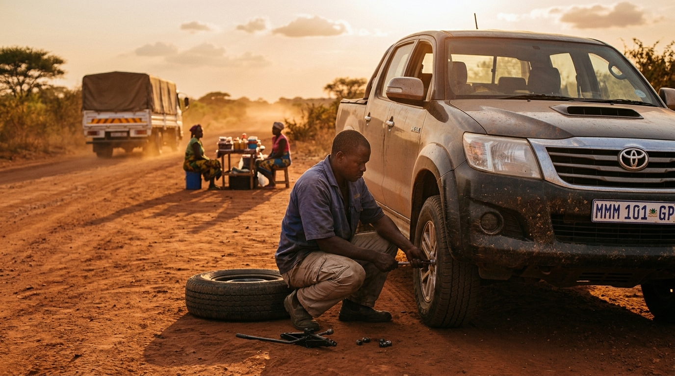 Mozambican driver changing tire
