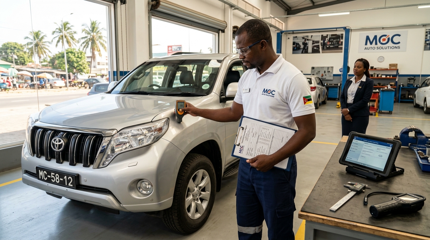 Technician appraising SUV with r…