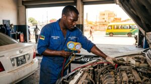 Technician connecting car AC hoses