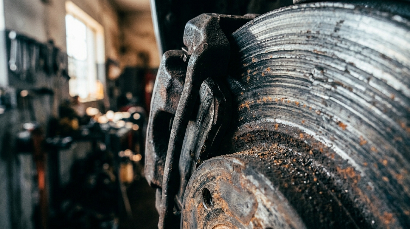 Worn brake pad on disc