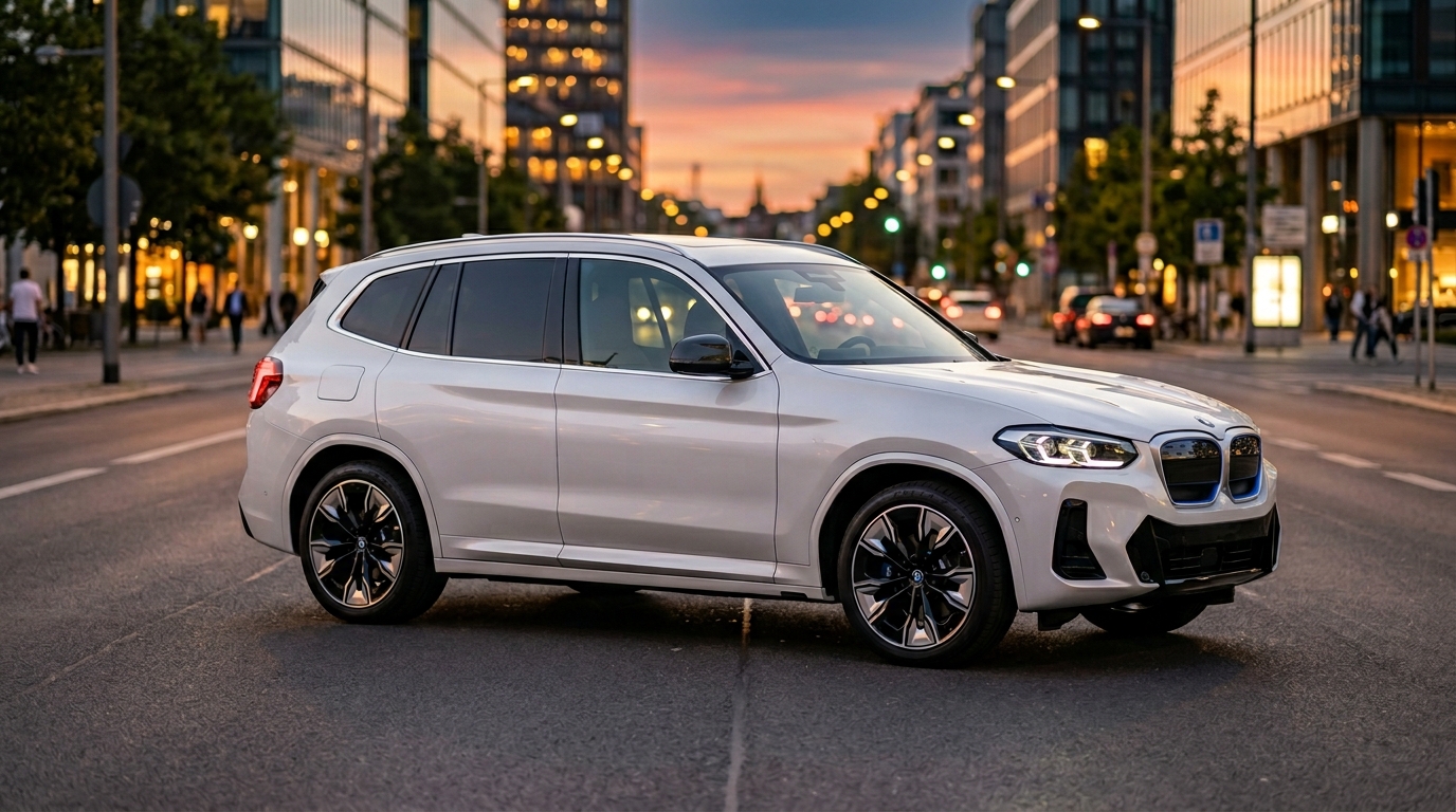 BMW iX3 SUV parked boulevard