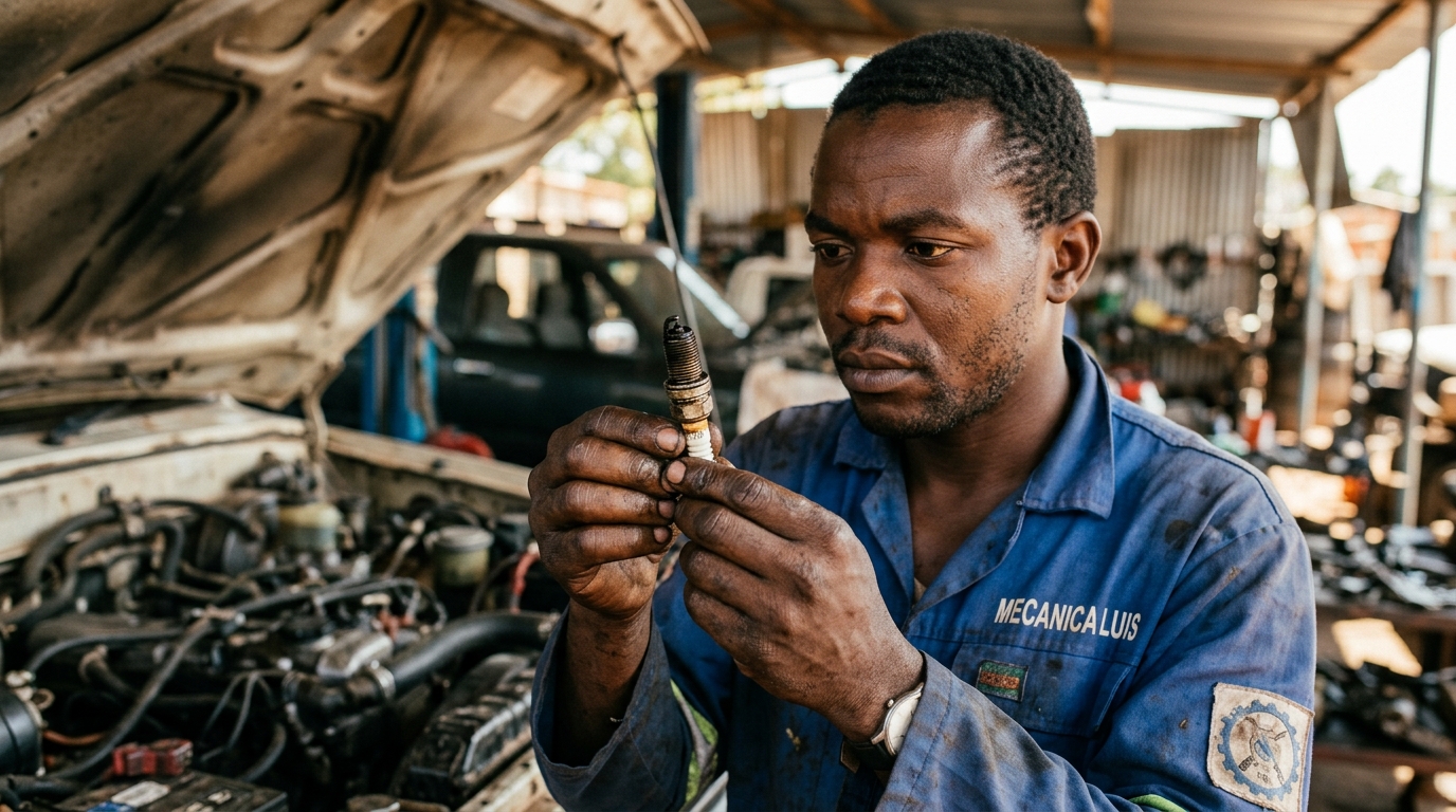 Mechanic holding spark plug exam…