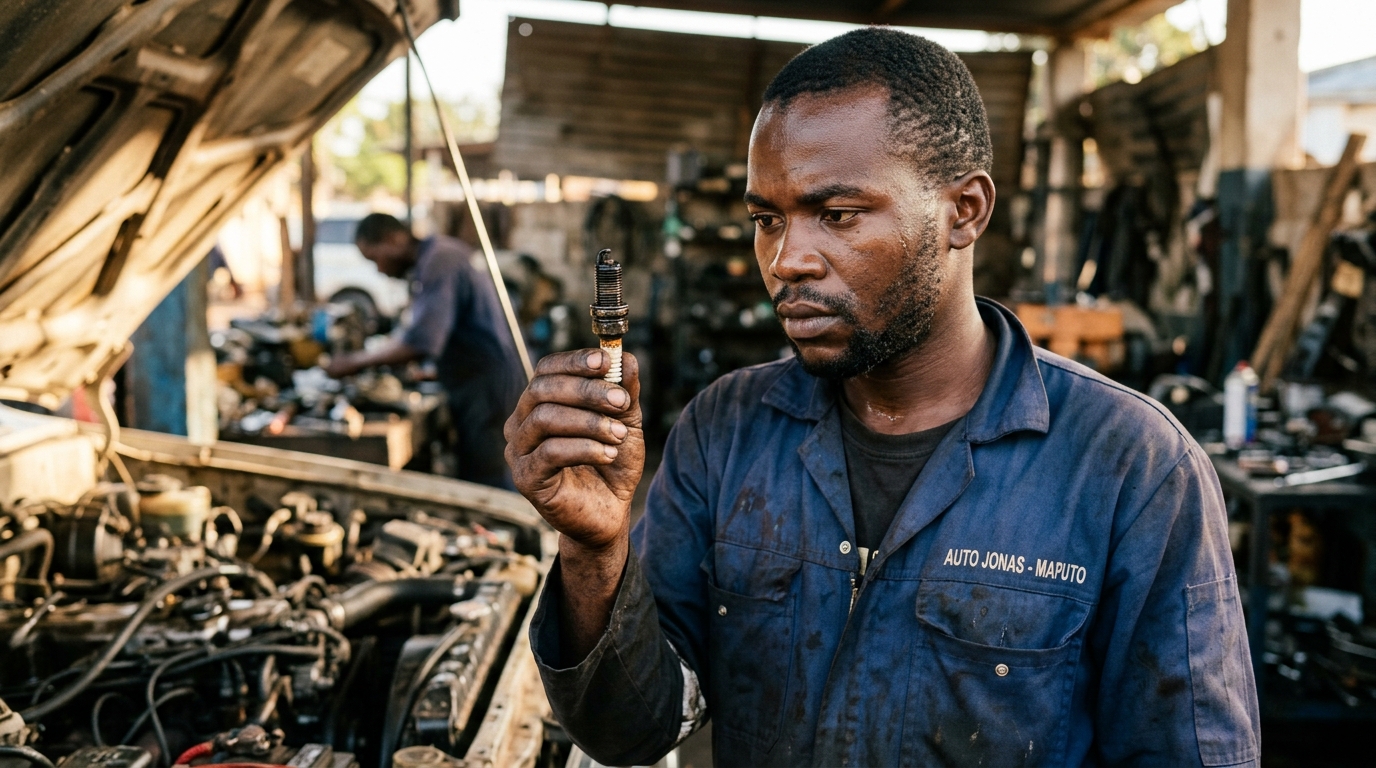 Mechanic holding spark plug exam…