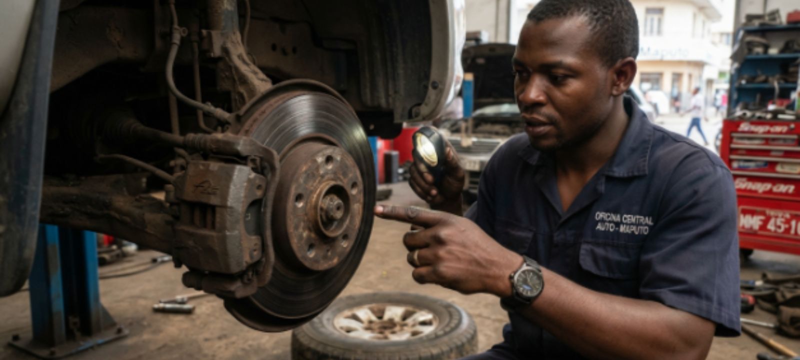 Problemas nos travões do carro em Moçambique Aprenda a identificar barulhos, pedal esponjoso, os impactos da poeira e como fazer a manutenção correta